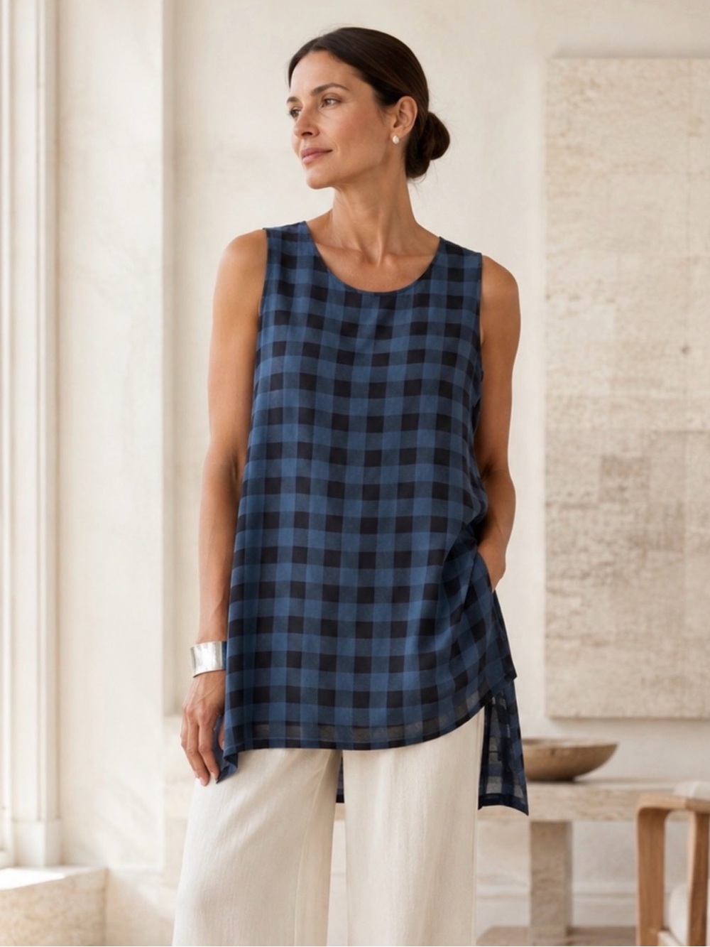 Eileen Fisher Blue and Black Check Sleeveless Tunic